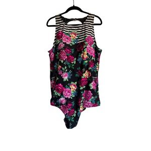 Torrid 4 One Piece Swimsuit Floral Striped Sleeveless Plus Size Black Pink 1X‎